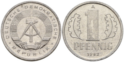 ГДР 1 пфенниг 1982 A KM 8.2 алюминий 188-526