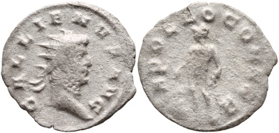 Римская Империя денарий 263 Галлиен APOLLO CONSER Медиолан fine RIC 468 серебро 270-445