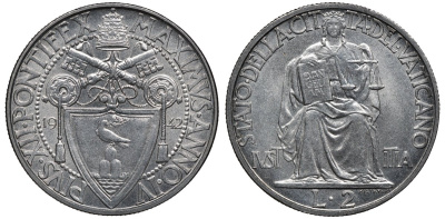 Ватикан 2 лиры 1942 папа Пий XII (1939-1958) KM 36 нержавеющая сталь UNC 00-00