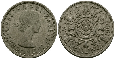 Великобритания 2 шиллинга (флорин) 1966 Елизавета II (1952-2022) KM 906, Spink 4146 медно-никель 4120-833
