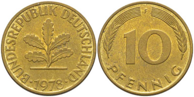 ФРГ 10 пфеннигов 1978 F KM 108, J. 383 сталь плакированная латунью 175-743