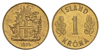 Исландия 1 крона 1974 KM 12a никель латунь aUNC 4691-517