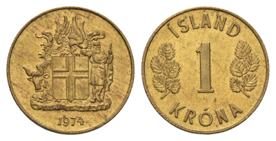 Исландия 1 крона 1974 KM 12a никель латунь aUNC 4691-517