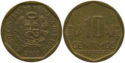 Перу 10 сентимо 2010 LIMA KM 305.4, Schon 104 латунь 4543-925