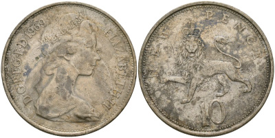 Великобритания 10 пенсов 1969 Елизавета II (1952-2022) KM 912, Spink 4231 (F1) медно-никель 4165-333