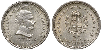Уругвай 25 сентесимо 1960 KM 40 медно-никель 4169-1032