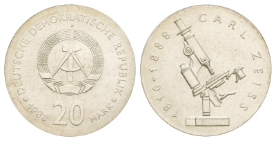 ГДР 20 марок 1988 100 лет со дня смерти Карла Фридриха Цейса KM 124, J. 1621 серебро UNC 00-819-14