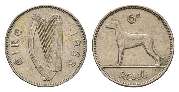 Ирландия 6 пенсов 1955 собака, ирландский волкодав KM 13a медно-никель 4690-334