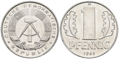 ГДР 1 пфенниг 1968 А KM 8.1 алюминий aUNC 4564-1017