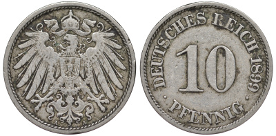 ГЕРМАНИЯ 10 ПФЕННИГОВ 1899 A KM 12, J. 13 медно-никель 45-1231