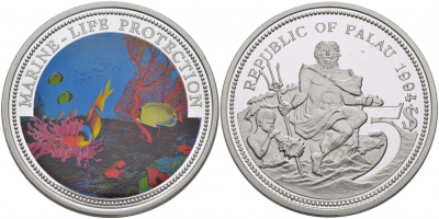 Палау 5 долларов 1994 две рыбки, цветная эмаль KM 6 серебро PROOF 1077-1-51
