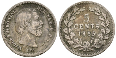 Нидерланды 5 центов 1855 Виллем III (1849-1890) KM 91 серебро 4169-449