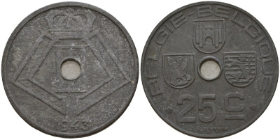 Бельгия 25 сантимов 1943 Belgie - Belgique, Леопольд III (1934-1947), германская оккупация, Вторая мировая война KM 132 цинк 4157-532