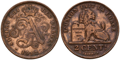 Бельгия 2 сантима 1912 Belges, Альберт I (1910-1934) KM 64 медь 4601-621