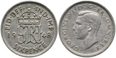 Великобритания 6 пенсов 1948 Георг VI (1936-1952) KM 862, Spink 4105 медно-никель 100-546