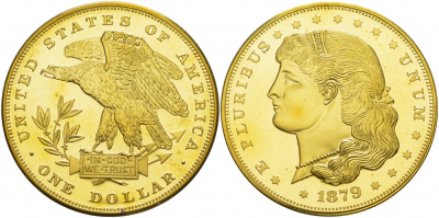 США 1 ДОЛЛАР 1879 КОПИЯ ИЗВЕСТНОЙ РЕДКОЙ МОНЕТЫ, ЖЕЛТЫЙ МЕТАЛЛ PROOF 05-086-14
