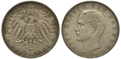 Бавария 3 марки 1911 Отто (1886-1913) Weege 45, J. 47, KM 515 серебро 3711-2022