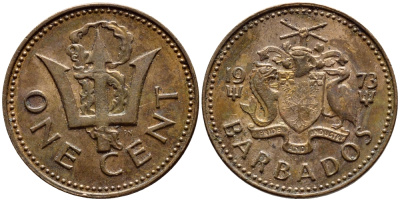 Барбадос 1 цент 1973 сломанный трезубец Британии KM 10 бронза 4396-1246