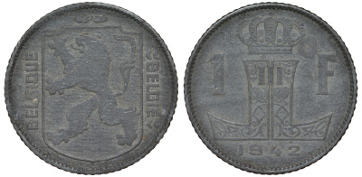 Бельгия 1 франк 1942 Леопольд III, Belgique-Belgie KM 127 цинк 4163-147