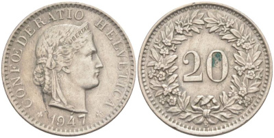 ШВЕЙЦАРИЯ 20 РАППЕНОВ 1947 В KM 29a медно-никель 55-723