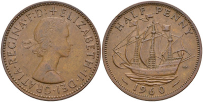 Великобритания 1/2 пенни 1960 Елизавета II (1952-2022) KM 896, Spink 4158 бронза 4153-842