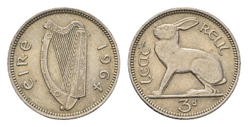 Ирландия 3 пенса 1964 заяц KM 12a медно-никель 4696-461