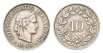 Швейцария 10 раппенов 1940 B KM 27 медно-никель 4708-155