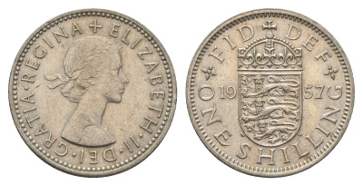 Великобритания 1 шиллинг 1957 Елизавета II (1952-2022), Английский герб KM 904, Spink 4147 медно-никель 4663-232