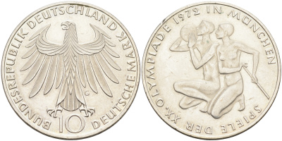 ФРГ 10 марок 1972 G, XX летние Олимпийские Игры, Мюнхен 1972, спортсмены KM 132, J. 403 серебро 4368-722