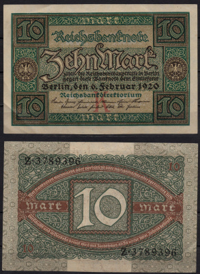 Германия 10 марок 1920 Pick 67a бумага 8602-32-1-1