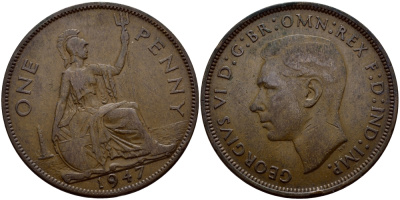 Великобритания 1 пенни 1947 Георг VI (1936-1952) KM 845, Spink 4114 бронза 4380-613