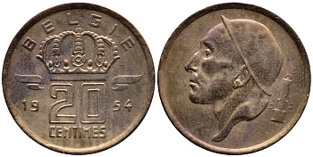 Бельгия 20 сантимов 1954 Belgie, Бодуэн I (1951-1993) KM 147.1 бронза 4392-855