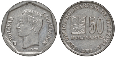 Венесуэла 50 боливаров 2002 Y 82 сталь плакированная никелем 4606-543