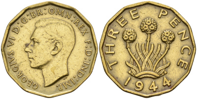 Великобритания 3 пенса 1944 Георг VI (1936-1952) KM 849, Spink 4112 никель латунь 4153-332
