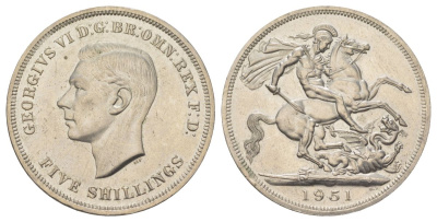 Великобритания 1 крона (5 шиллингов) 1951 Георг VI (1936-1952), фестиваль Британии, Георгий Победоносец KM 880, Spink 4111 медно-никель UNC 1066-3-66