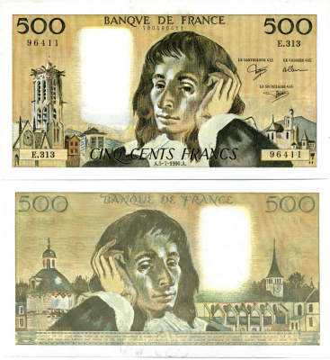 Франция 500 франков 1990 Блез Паскаль, башня Сен-Жак, Пор-Рояль (Версаль) Pick 156 h бумага UNC (пресс) 451-141-1