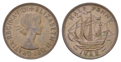 Великобритания 1/2 пенни 1962 Елизавета II (1952-2022) KM 896, Spink 4158 бронза    4660-643