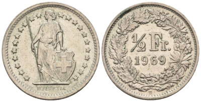 Швейцария 1/2 франка 1969 В KM 23а медно-никель 4576-936