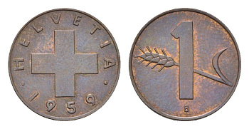 Швейцария 1 раппен 1959 B KM 46 бронза UNC 4708-247