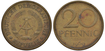 ГДР 20 пфеннигов 1969 А, первый год KM 11 латунь 62-943