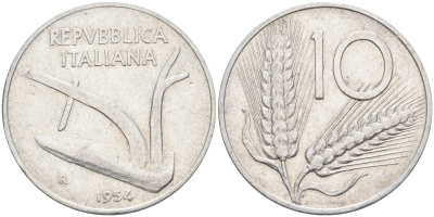 Италия 10 лир 1954 R, плуг KM 93 алюминий    4595-146