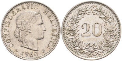 Швейцария 20 раппенов 1960 В KM 29a медно-никель 55-753