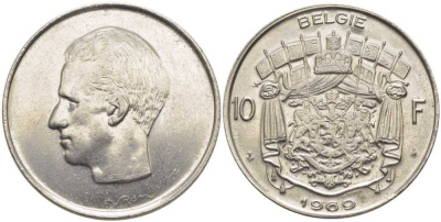 БЕЛЬГИЯ 10 ФРАНКОВ 1969 BELGIE, БОДУЭН I (1951-1993) KM 156.1 никель 115-636