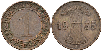 Германия 1 рейхспфенниг 1935 J KM 37, J. 313, Weege 2 бронза 4516-713