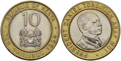 Кения 10 шиллингов 1994 Дэниэл арап Мои KM 27 биметалл XF-UNC 4511-1142