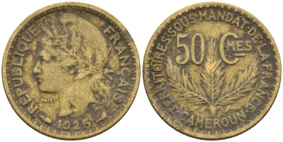 Французский Камерун 50 сантимов 1925 (а), монетный двор Париж KM 1 алюминиевая бронза 4164-1217