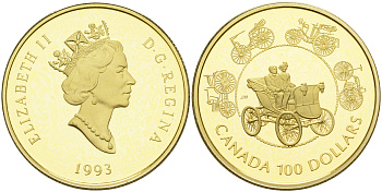 Канада 100 долларов 1993 эволюция старинных автомобилей KM 245 золото PROOF 00-00