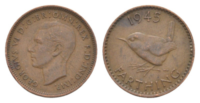Великобритания 1 фартинг 1945 Георг VI (1936-1952) KM 843, Spink 4116 бронза 3457-1229