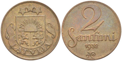 ЛАТВИЯ 2 САНТИМА 1932 ПЕРВАЯ РЕСПУБЛИКА (1918-1939) KM 2 бронза 119-143