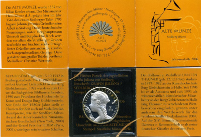 Штольберг (Харц) медаль 2006 Штольберг, музей старинных монет, графиня Юлиана 1506 год, в буклете, с описанием, диаметр 35 мм.  серебро  PROOF  6-5-3-37